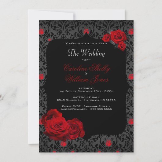 Gothic Roos Black and Red Wedding Invitation Kaart (Voorkant)