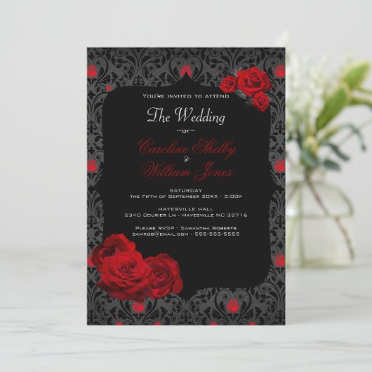 Gothic Roos Black and Red Wedding Invitation Kaart (Staand voorkant)