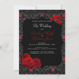 Gothic Roos Black and Red Wedding Invitation Kaart