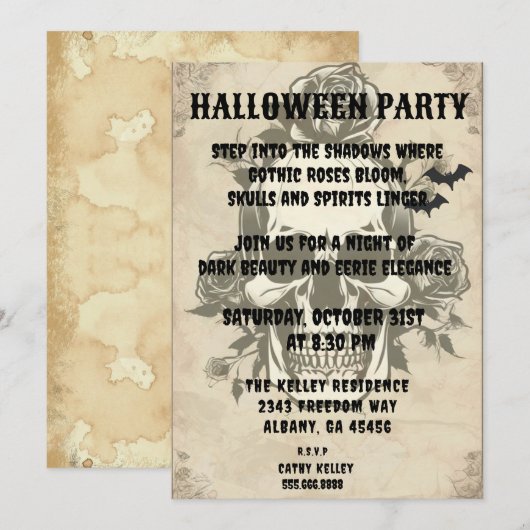 Gothic Roos Skull Invitation -  Halloween P Kaart (Voorkant / Achterkant)