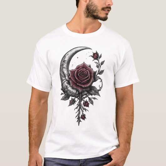 Gothic Rose Crescent Moon Dark Floral Artwork T-shirt (Voorkant)