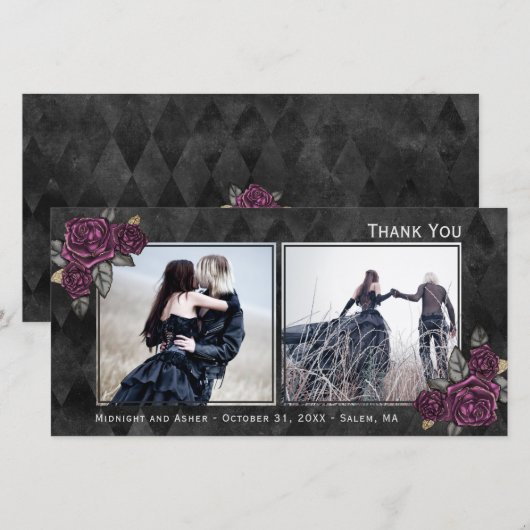 Gothic Roses Twee Foto's Zwarte Bedankkaart (Voorkant / Achterkant)