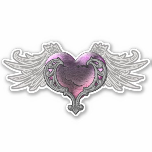 Gothic Roze Hart met Angel Wings Vinyl Sticker (Voorkant)