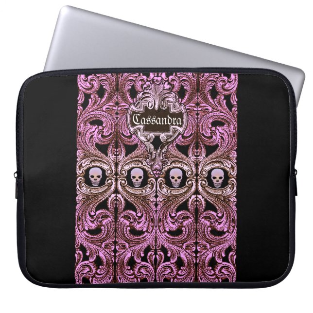 Gothic Roze Ornament met schedel Aangepast Laptop Sleeve (Voorkant)