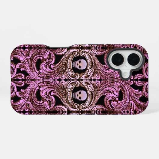 Gothic Roze Ornament met schedel iPhone 16 Hoesje (Achterkant horizontaal)