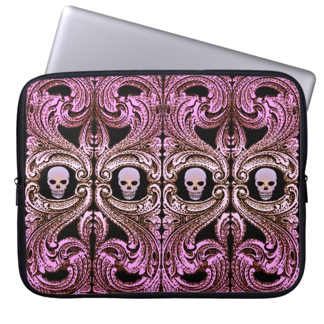 Gothic Roze Ornament met schedel Laptop Sleeve (Voorkant)