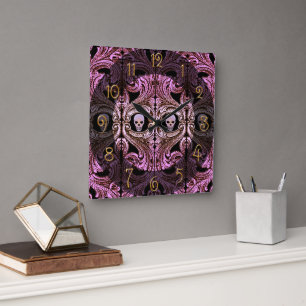 Gothic Roze Ornament met schedel Vierkante Klok