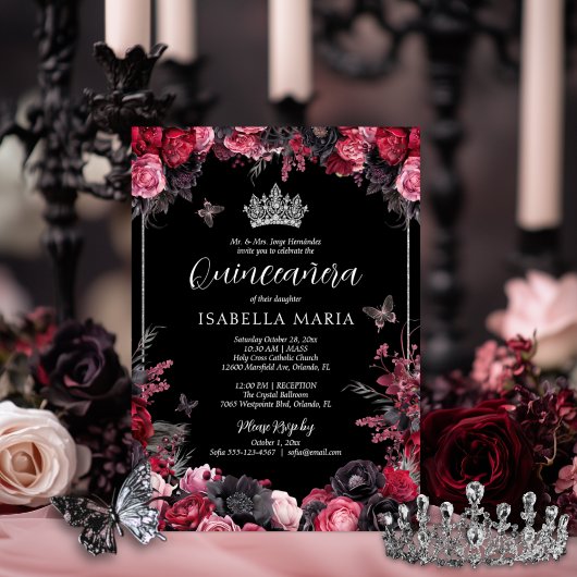 Gothic Roze Rood & Zwart Moody Bloemen Quinceañera Kaart