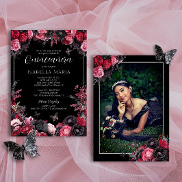 Gothic Roze Rood & Zwart Moody Bloemen Quinceañera Kaart
