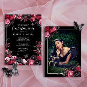 Gothic Roze Rood & Zwart Moody Bloemen Quinceañera Kaart