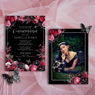 Gothic Roze Rood & Zwart Moody Bloemen Quinceañera Kaart