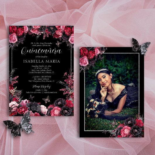 Gothic Roze Rood & Zwart Moody Bloemen Quinceañera Kaart