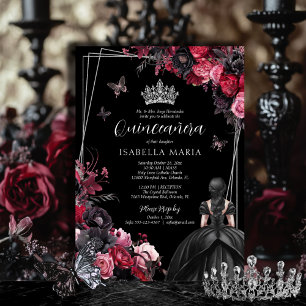 Gothic Roze Rood & Zwart Moody Bloemen Quinceañera Kaart