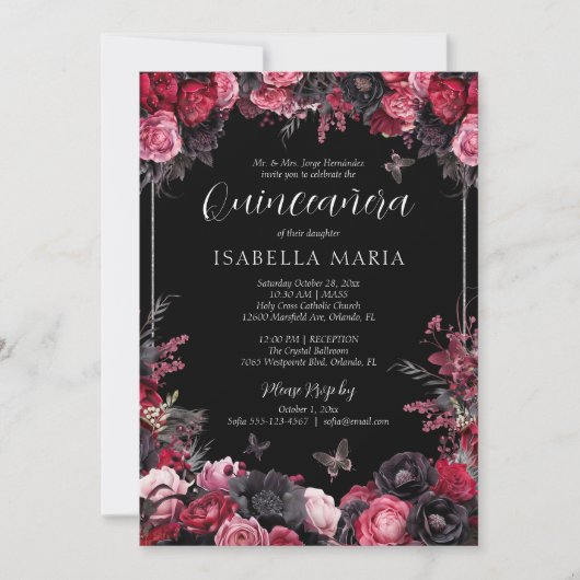 Gothic Roze Rood & Zwart Moody Bloemen Quinceañera Kaart (Voorkant)