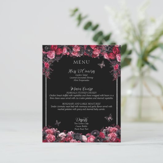 Gothic Roze Rood & Zwart Moody Quinceañera Menu (Staand voorkant)