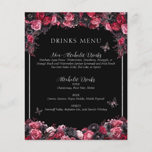 Gothic Roze Rood & Zwart Moody Quinceañera Menu (Achterkant)
