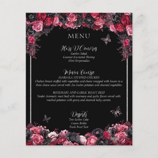 Gothic Roze Rood & Zwart Moody Quinceañera Menu (Voorkant)