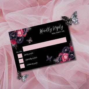 Gothic Roze Rood & Zwart Moody Quinceañera RSVP Kaart