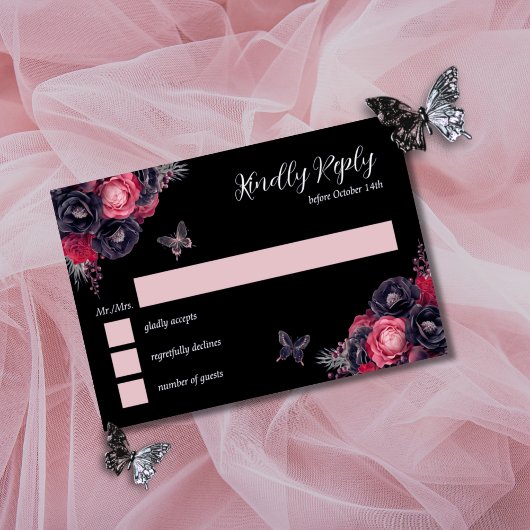 Gothic Roze Rood & Zwart Moody Quinceañera RSVP Kaart