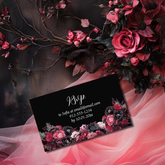 Gothic Roze Rood & Zwart Quinceañera Informatiekaartje