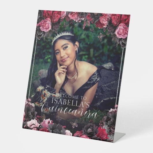 Gothic Roze Rood & Zwart Quinceañera Welkom Reclamebord Met Voetstuk (Voorkant)