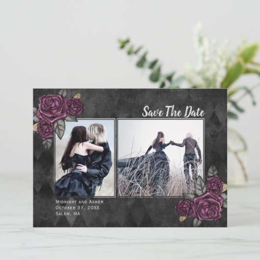Gothic Rozen 2 Foto Black Wedding Save the Date (Staand voorkant)