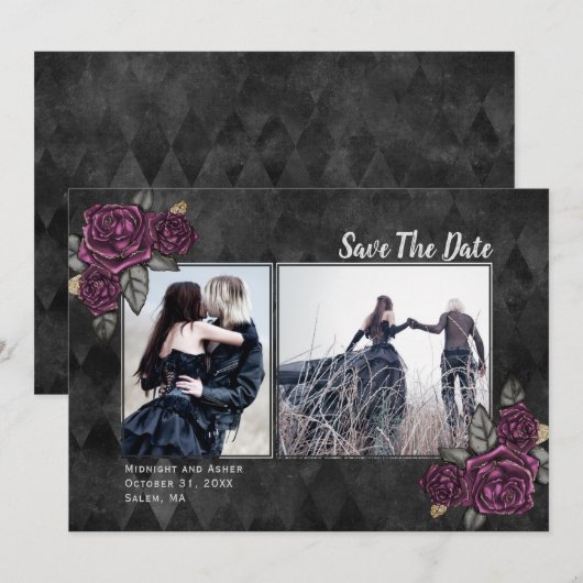 Gothic Rozen 2 Foto Black Wedding Save the Date (Voorkant / Achterkant)