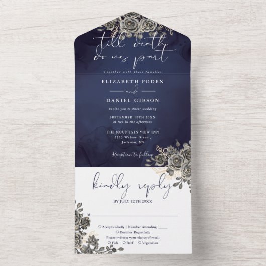 Gothic Rozen Bloem Middernacht Blauw Schrift Bruil All In One Uitnodiging (Binnen)