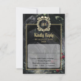 Gothic Ruins Monogram Black And Gold Wedding RSVP Kaartje