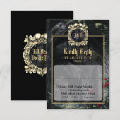Gothic Ruins Monogram Black And Gold Wedding RSVP Kaartje (Voorkant / Achterkant)
