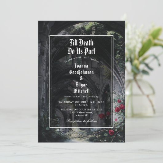 Gothic Ruins Roses All In One QR Code Wedding Kaart (Staand voorkant)