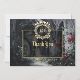 Gothic Ruins Roses Floral Black And Gold Wedding Bedankkaart