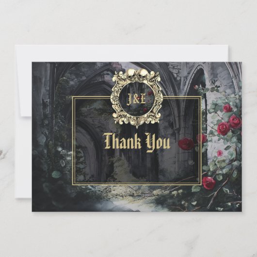 Gothic Ruins Roses Floral Black And Gold Wedding Bedankkaart (Voorkant)