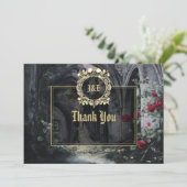 Gothic Ruins Roses Floral Black And Gold Wedding Bedankkaart (Staand voorkant)