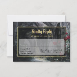 Gothic Ruins Roses Floral Black And Gold Wedding RSVP Kaartje