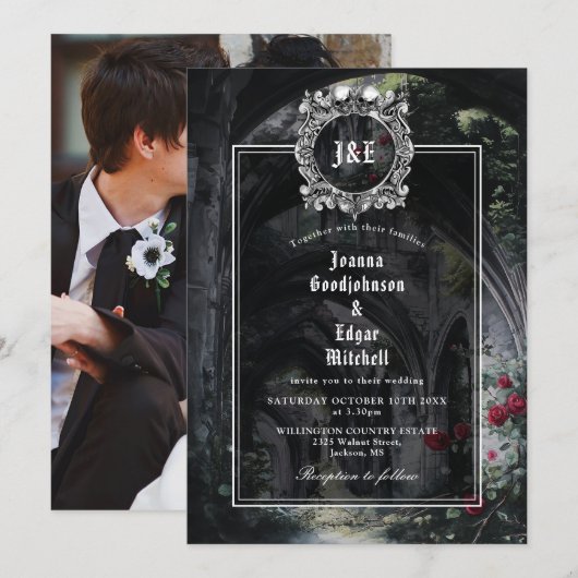 Gothic Ruins Roses Floral Monogram Photo Wedding Kaart (Voorkant / Achterkant)