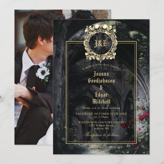 Gothic Ruins Roses Floral Monogram Photo Wedding Kaart (Voorkant / Achterkant)