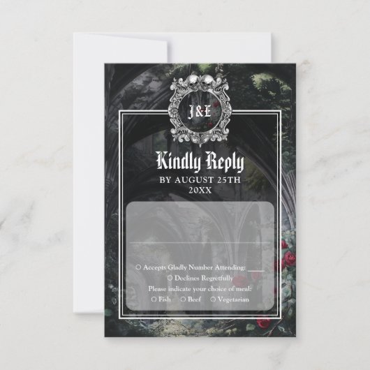Gothic Ruins Roses Floral Monogram Wedding RSVP Kaartje (Voorkant)