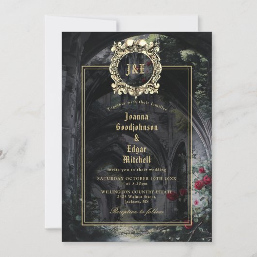 Gothic Ruins Roses Monogram All In One Wedding Kaart (Voorkant)