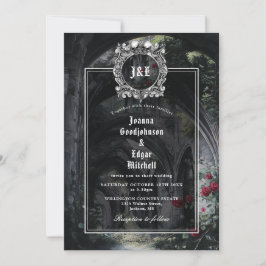Gothic Ruins Roses Monogram All In One Wedding Kaart