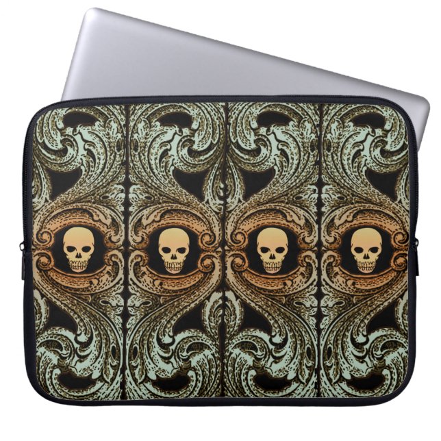 Gothic Sage Green Ornaming with Skull Laptop Sleeve (Voorkant)