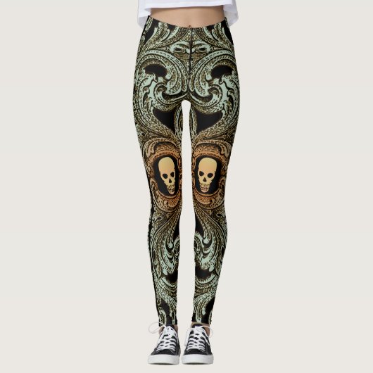 Gothic Sage Green Ornaming with Skull Leggings (Voorkant)