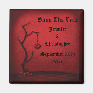 Gothic Save The Date Heart Tree & Red Damask Magneet