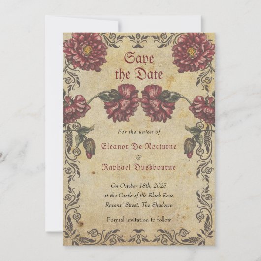 Gothic Save the Date Kaart met donkere bloemen (Voorkant)