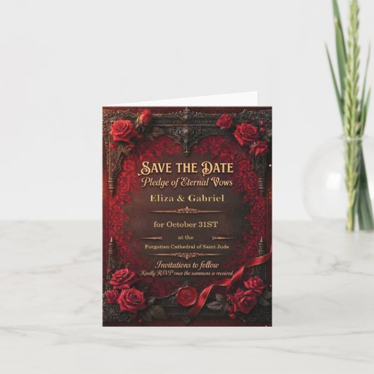 Gothic Save the Date met Rode Roos en Waszegel (Voorkant)