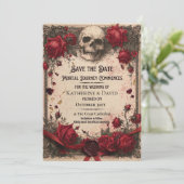 Gothic Save the Date-sjabloon met schedel en rozen Kaart (Staand voorkant)