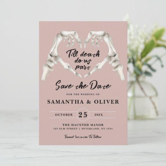 Gothic Save the Date Stoffig Roos Roze Hart Weddin (Staand voorkant)