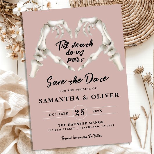 Gothic Save the Date Stoffig Roos Roze Hart Weddin