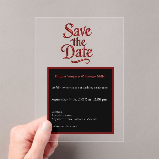 Gothic Save the Date – transparant rood Metallic Acryl Uitnodigingen (Insitu (Draagbaar))