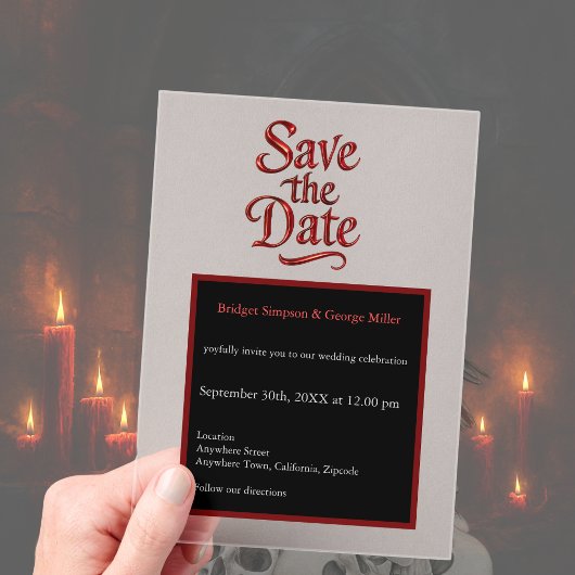 Gothic Save the Date – transparante rode Metallic Acryl Uitnodigingen